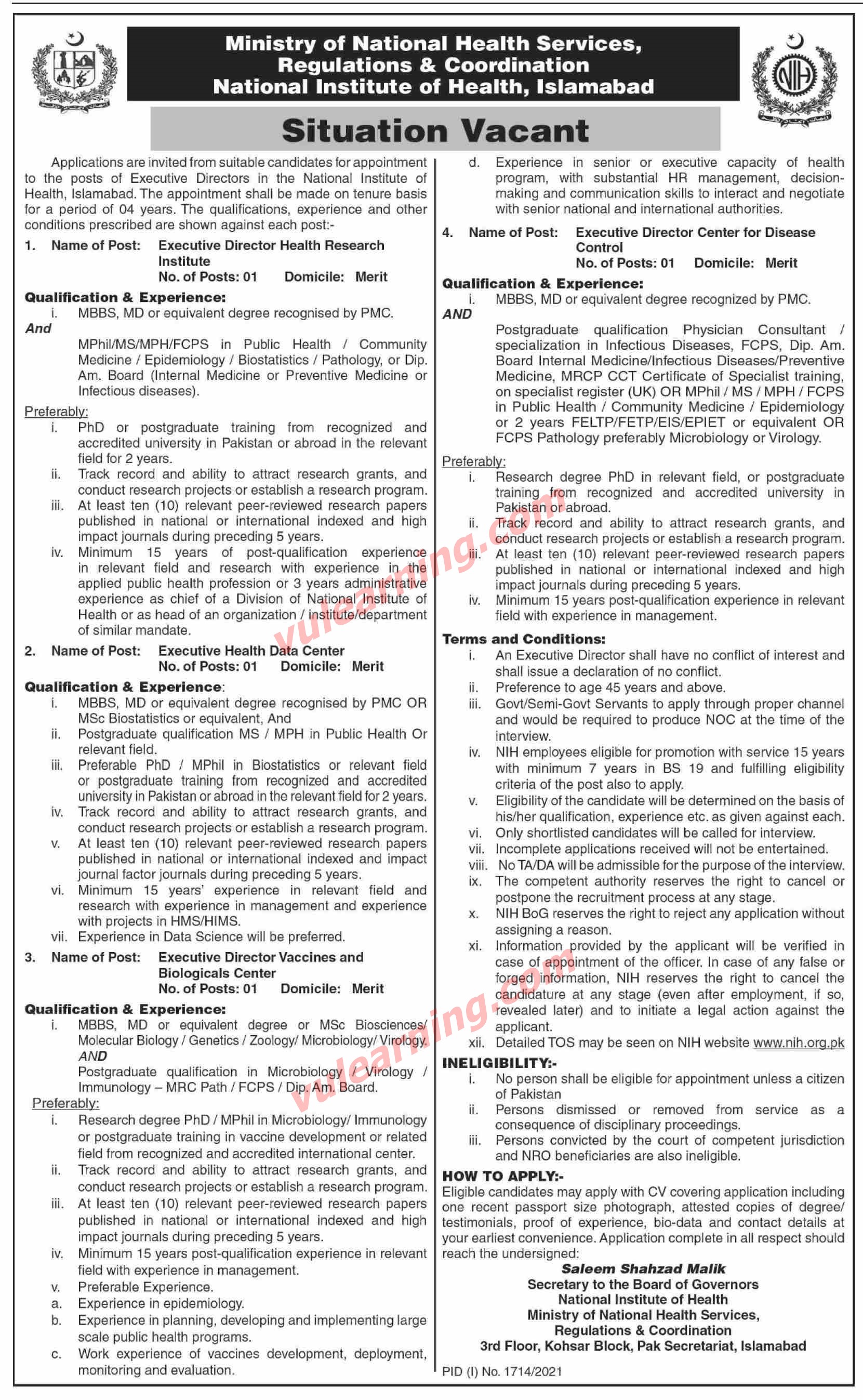 National Institute of Health NIH Islamabad Jobs 2021 for Executive