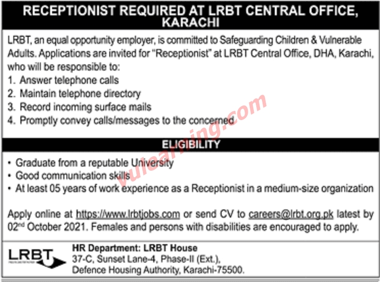 LRBT Central Office Karachi Jobs 2021 for Receptionist Apply Online Latest