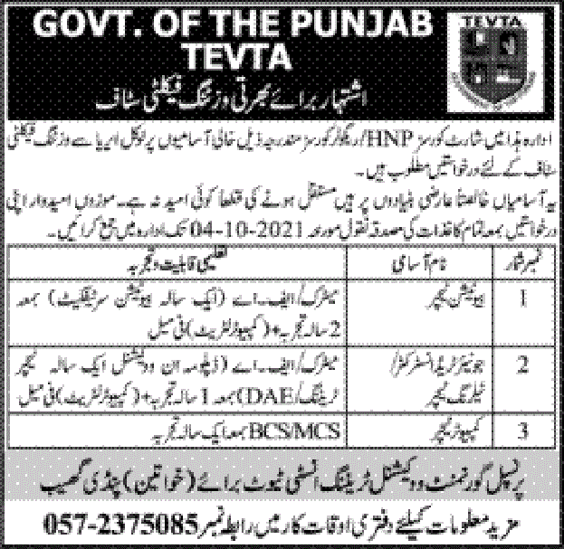 TEVTA Govt Vocational Training Institute for Women Pindi Gheb Jobs 2021