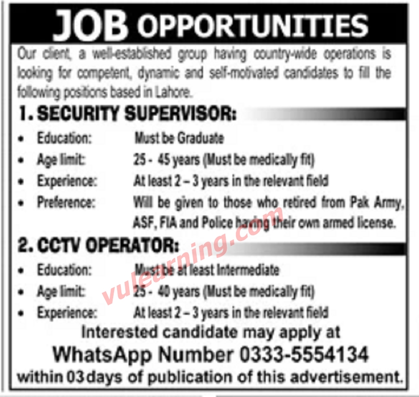 Well Reputed Organization Jobs 2021 for Security Supervisor & CCTV