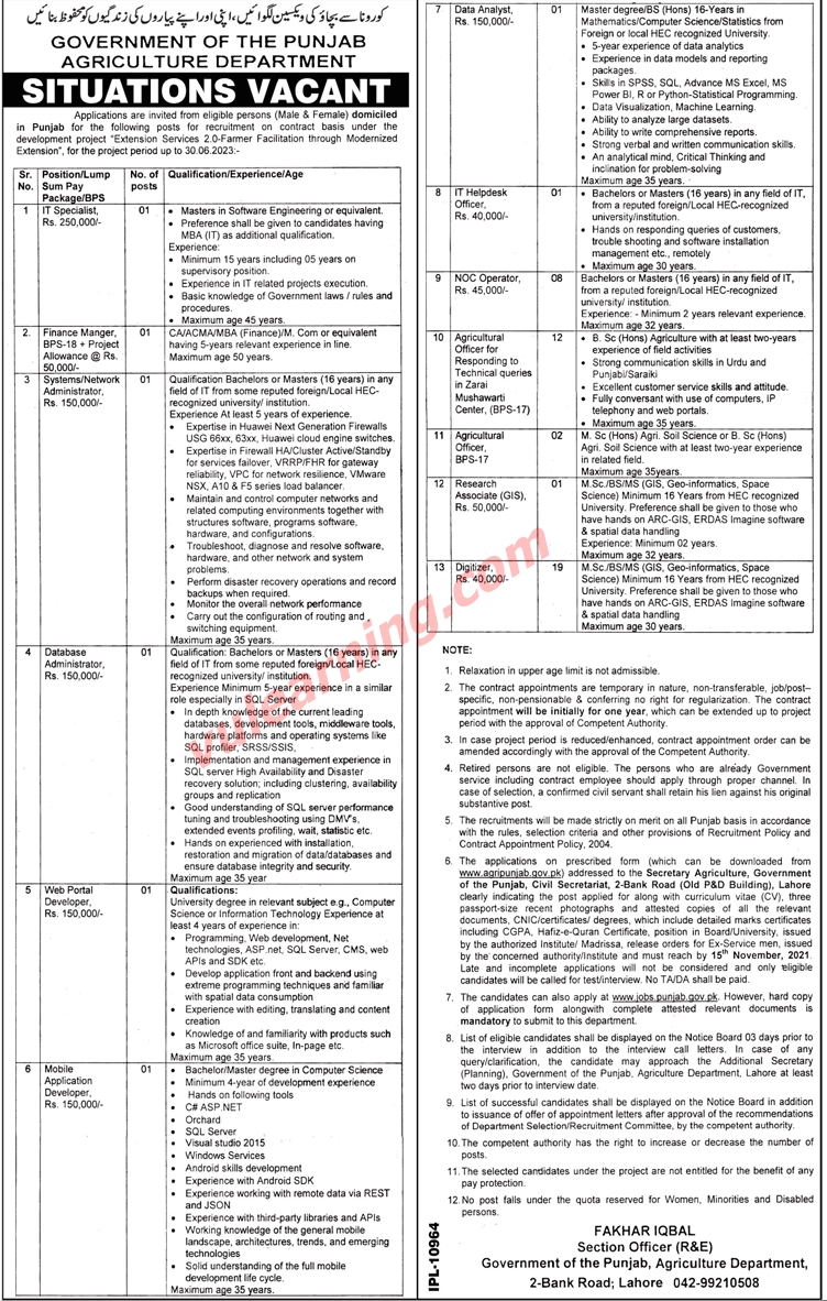 Agriculture Department Punjab Jobs 2021 for Developers, Administrators