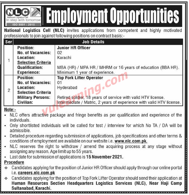 National Logistics Cell (NLC) Karachi Jobs 2021 for Junior HR Officer