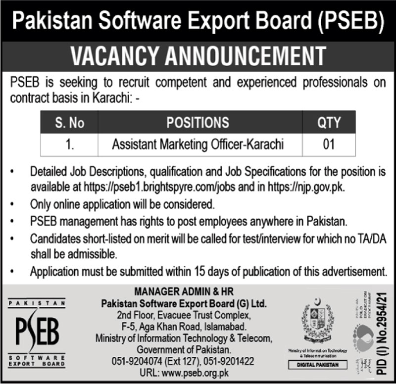 Advertisement of Pakistan Software Export Board PSEX Jobs 2021 for