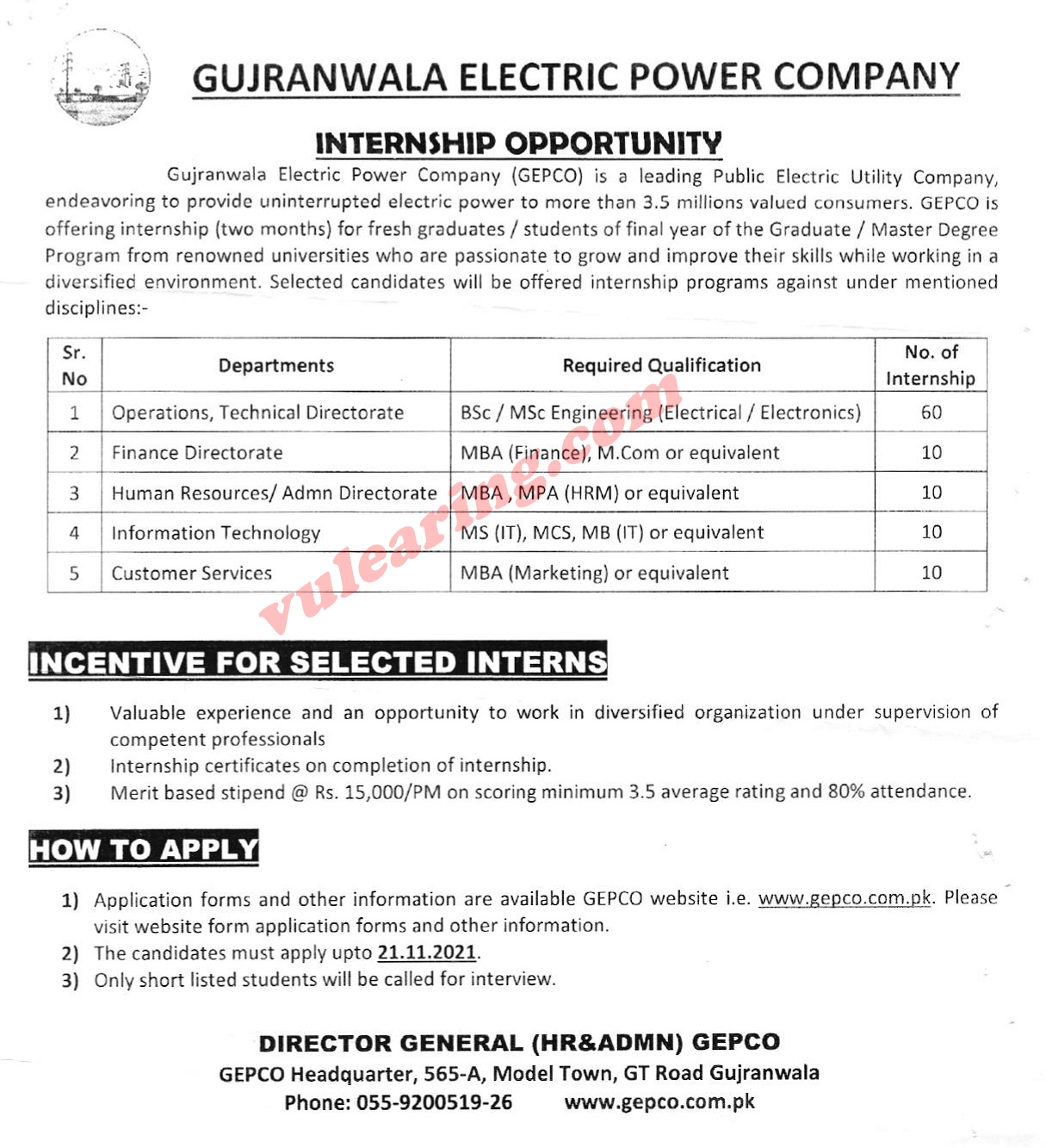Gujranwala Electric Power Company GEPCO Internships 2021 November Apply