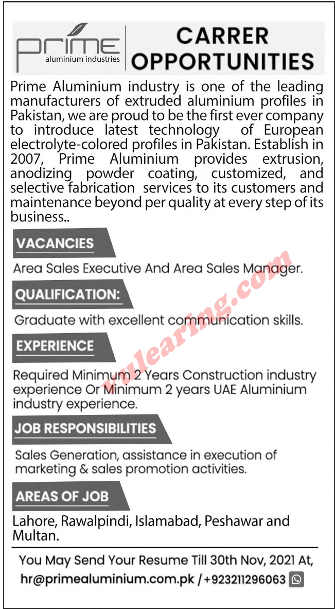 Prime Aluminum Industries Jobs 2021 for Area Sales Executives & Area