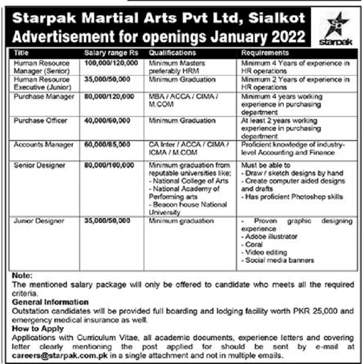 Starpak Martial Arts Pvt Ltd Sialkot Jobs 2022 for Managers, Officers