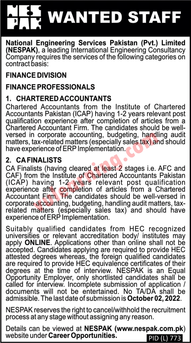NESPAK Jobs 2022 for Chartered Accountants & CA Finalists Apply Online