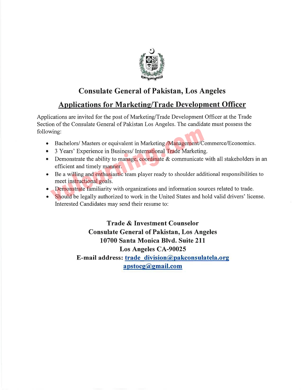 Advertisement of US Consulate General of Pakistan Los Angeles Jobs 2022 for Marketing / Trade