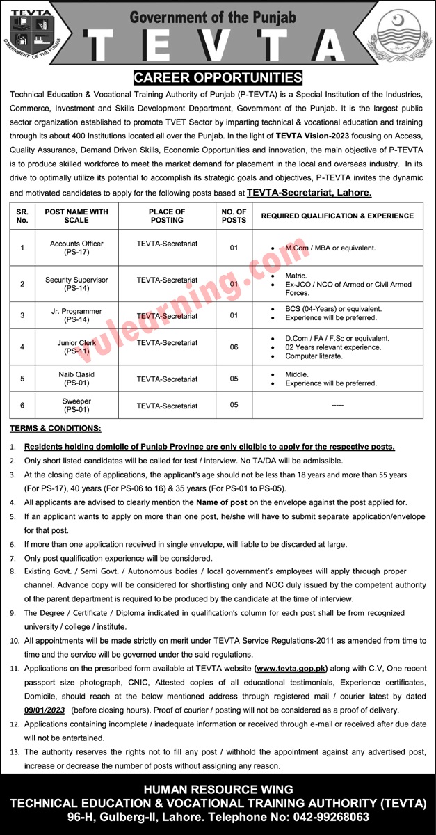 PTEVTA Jobs 2023 for Junior Clerks, Sweepers, Naib Qasid & Others at