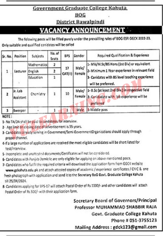 Govt Graduate College Kahuta Jobs 2024 for Lecturers, Jr Lab Assistant