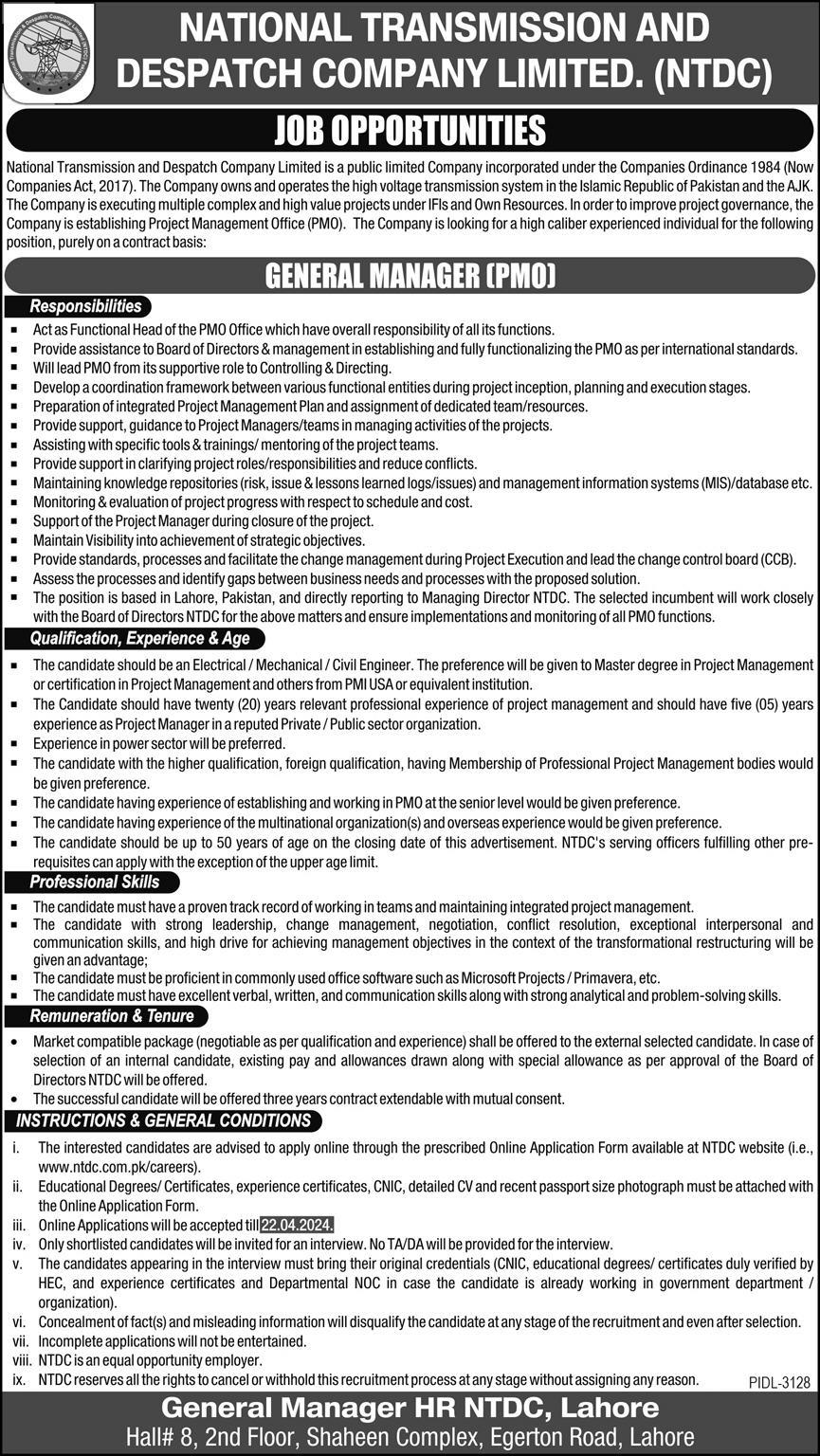 NTDC Jobs 2024 Apply Online for General Manager National Transmission