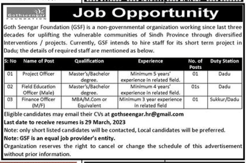 Goth Seengar Foundation Jobs 2023 for Project Officer, Finance Officer & Field Education Officer