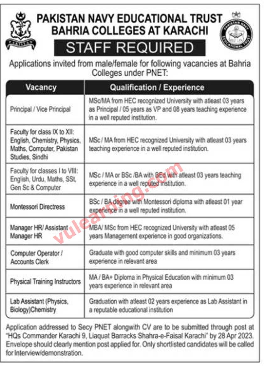 Pakistan Navy Educational Trust Karachi Jobs 2023 for Lecturers