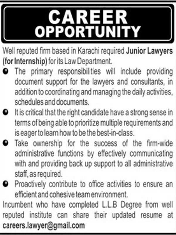 Karachi Law Firm Internship 2018 for Junior Lawyers Advertisement Latest