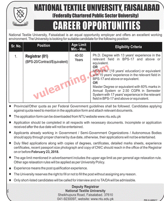 National Textile University NTU Faisalabad Jobs 2018 Advertisement Latest