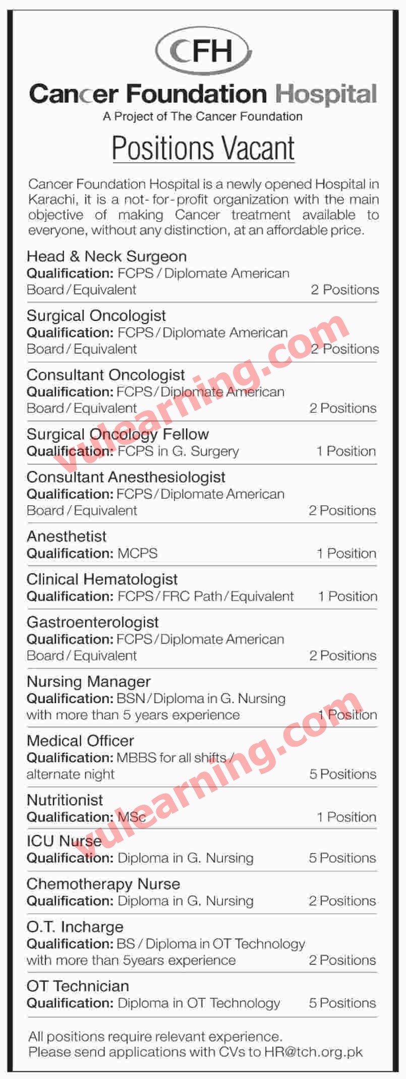 Cancer Foundation Hospital Karachi Jobs 2018 Vacancies Advertisement Latest