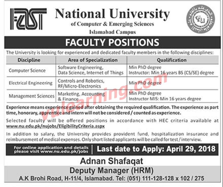 FAST University Islamabad Campus Jobs 2018 for Teaching Faculty