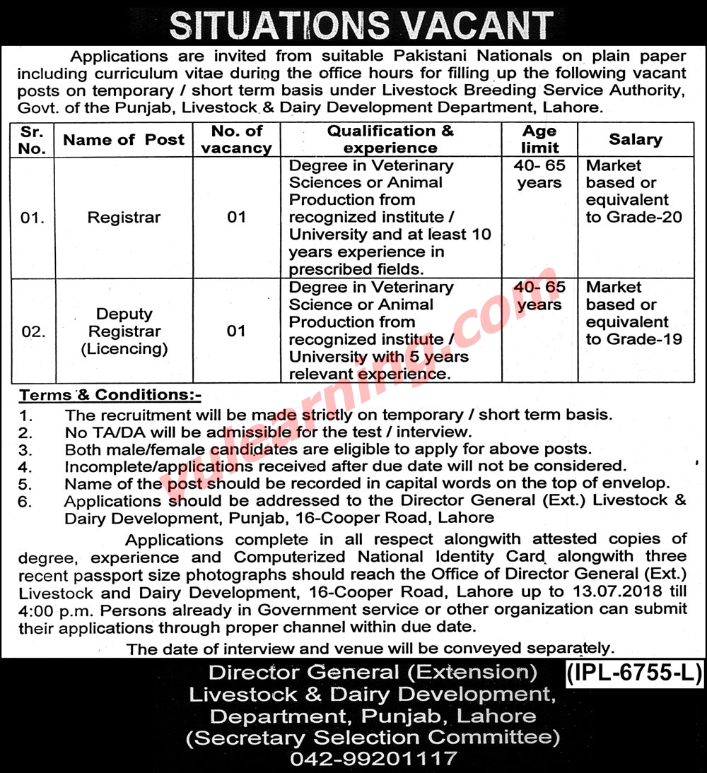 Livestock & Dairy Development Department Punjab Jobs 2018 Vacancies