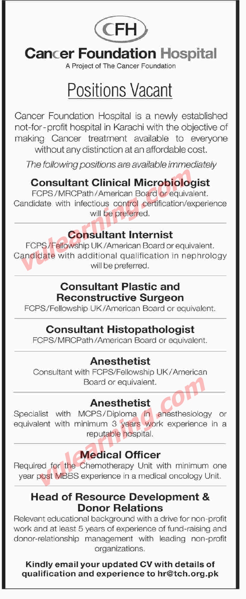 Cancer Foundation Hospital Karachi Jobs 2018 Vacancies Advertisement Latest