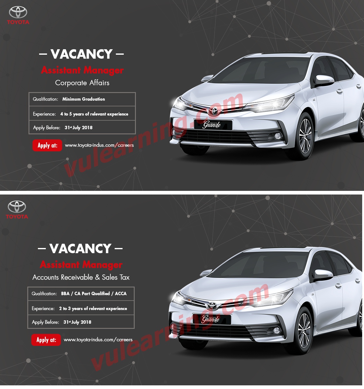 Advertisement of Toyota Indus Motors Jobs 2018 for Assistant Managers