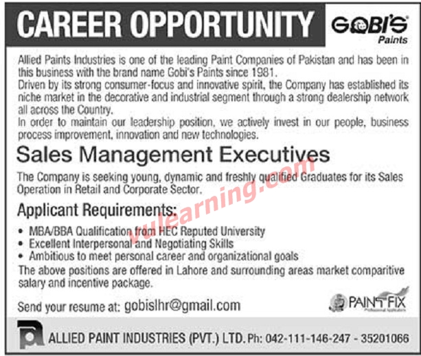 Allied Paint Industries Lahore Jobs 2018 for Sales Management