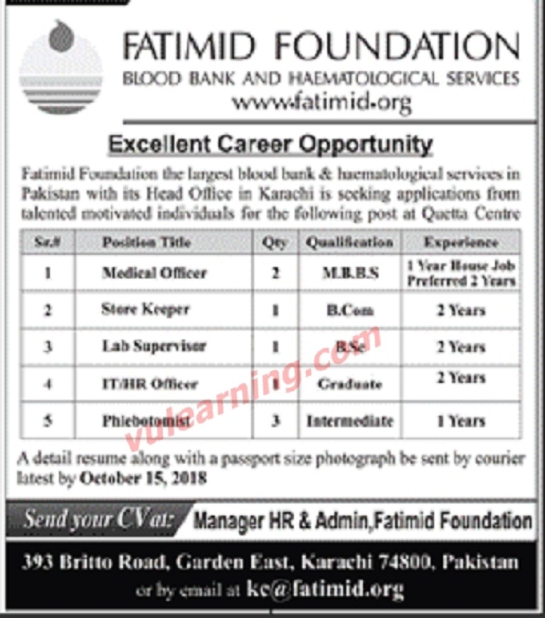 Fatimid Foundation Head Office Karachi Jobs 2018 Vacancies