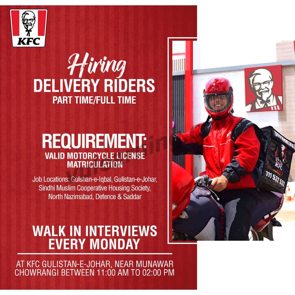 KFC Pakistan Jobs 2018 for Delivery Riders in Karachi Walk In