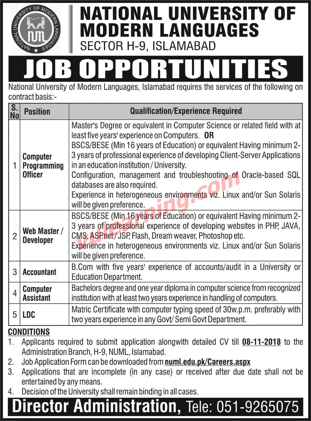 National University of Modern Languages NUML Islamabad Jobs 2018
