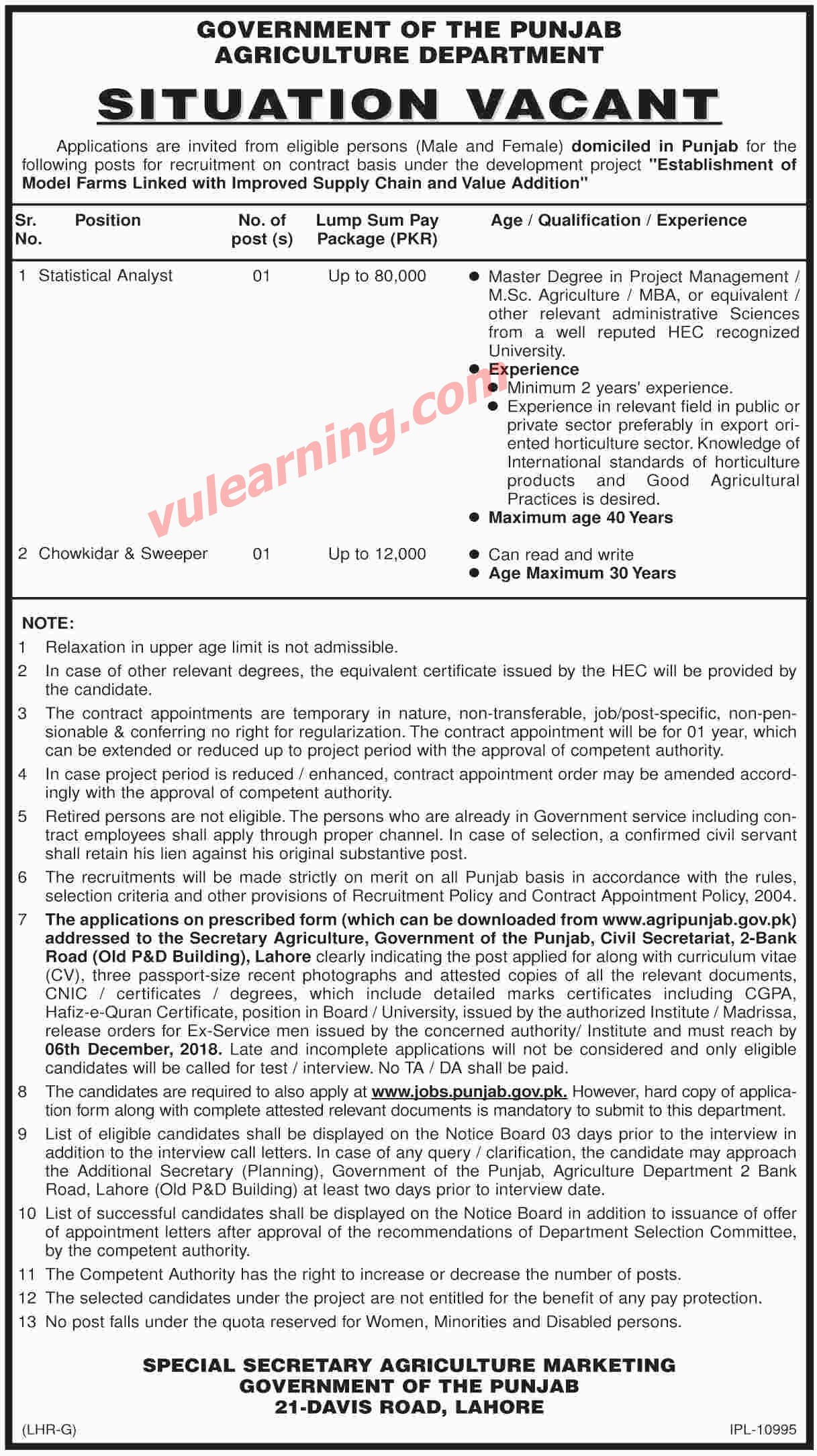 Agriculture Department Govt of Punjab Jobs 2018 Vacancies Advertisement