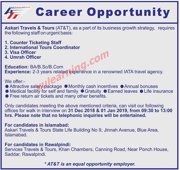 Askari Travels & Tours Jobs 2018 for Counter Ticketing Staff, Tours