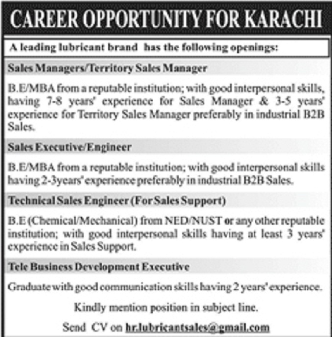 Leading Lubricant Brand Jobs 2019 for Karachi Vacancies Advertisement