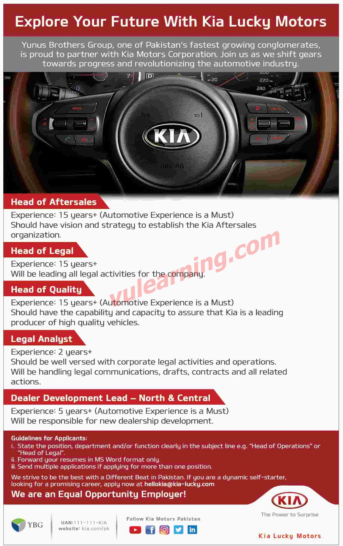 Advertisement of Kia Lucky Motors Jobs 2019 Yunus Brothers Group