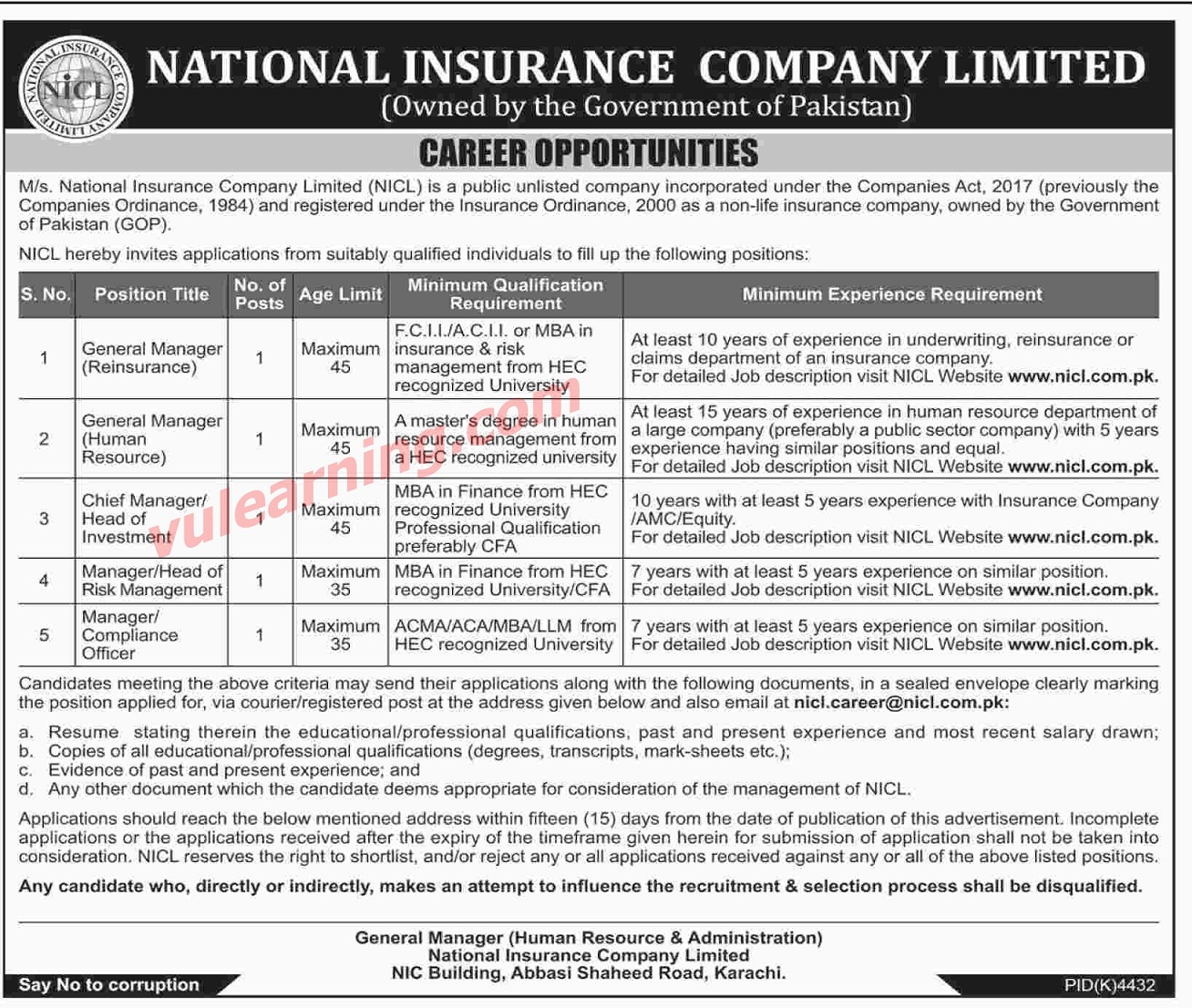 National Insurance Company Limited (NICL) Jobs 2019 for Karachi