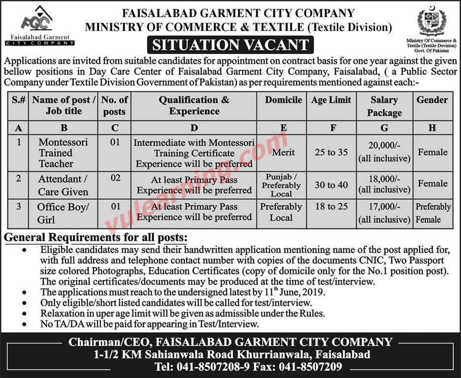 Ministry of Commerce & Textile Jobs 2019 for Faisalabad Garment City