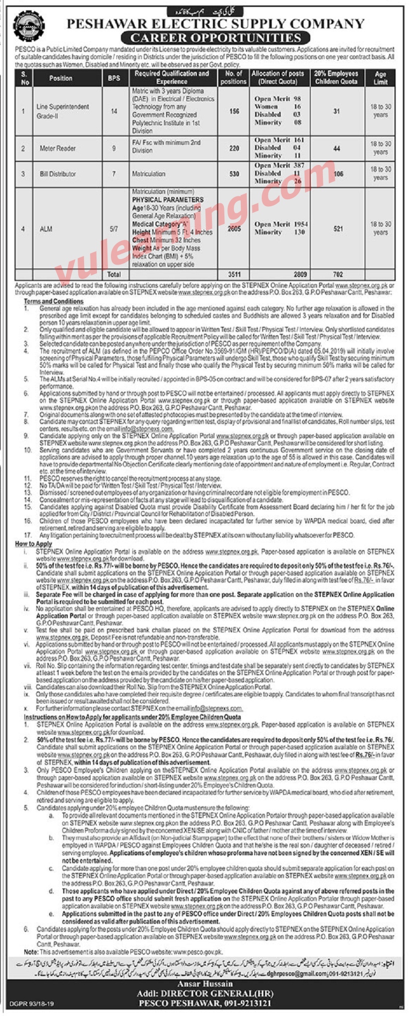 WAPDA / PESCO Jobs 2019 for 3511+ Assistant Line Man, Bill Distributor