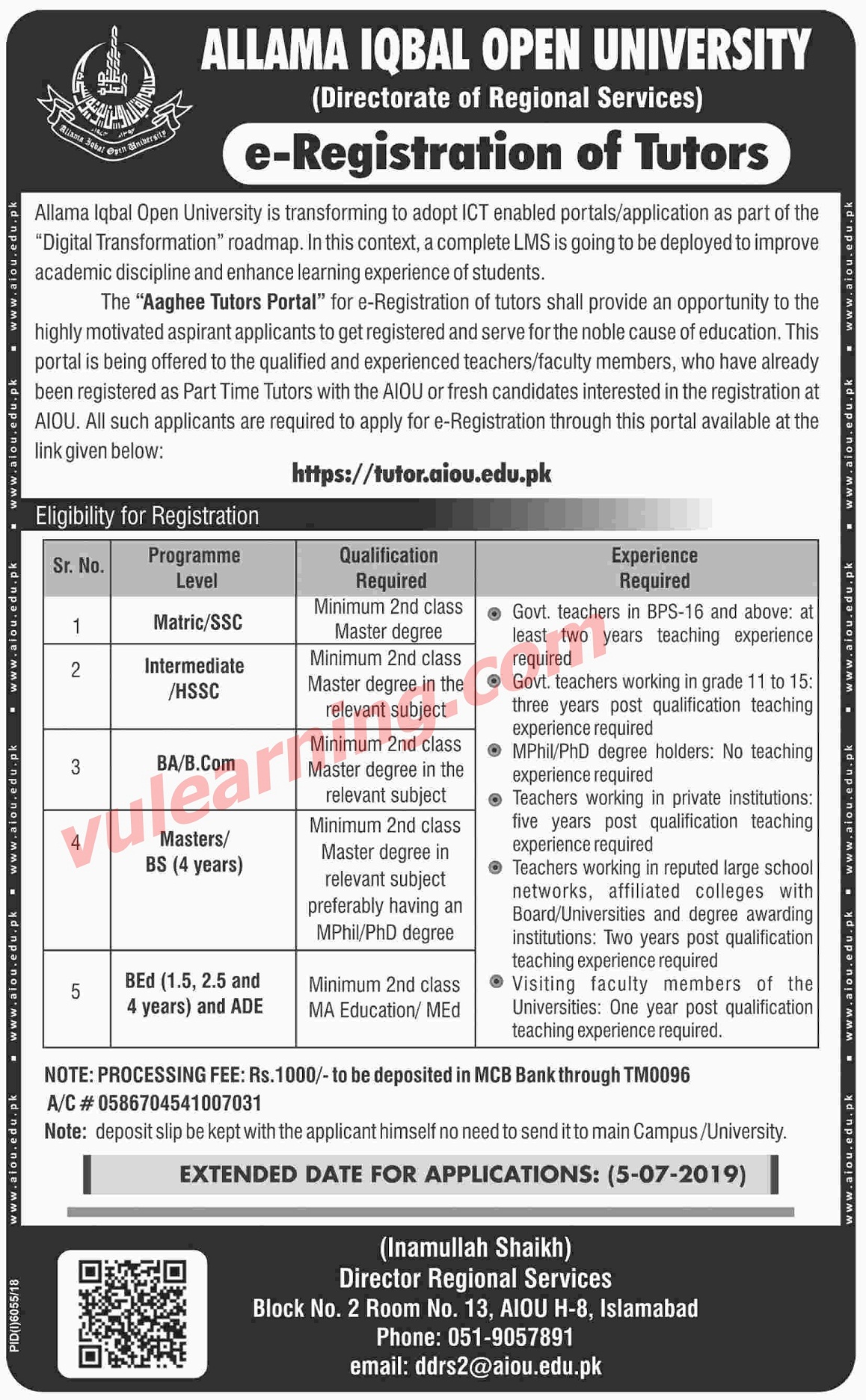 AIOU Jobs 2019 for Tutors Allama Iqbal Open University Apply Online