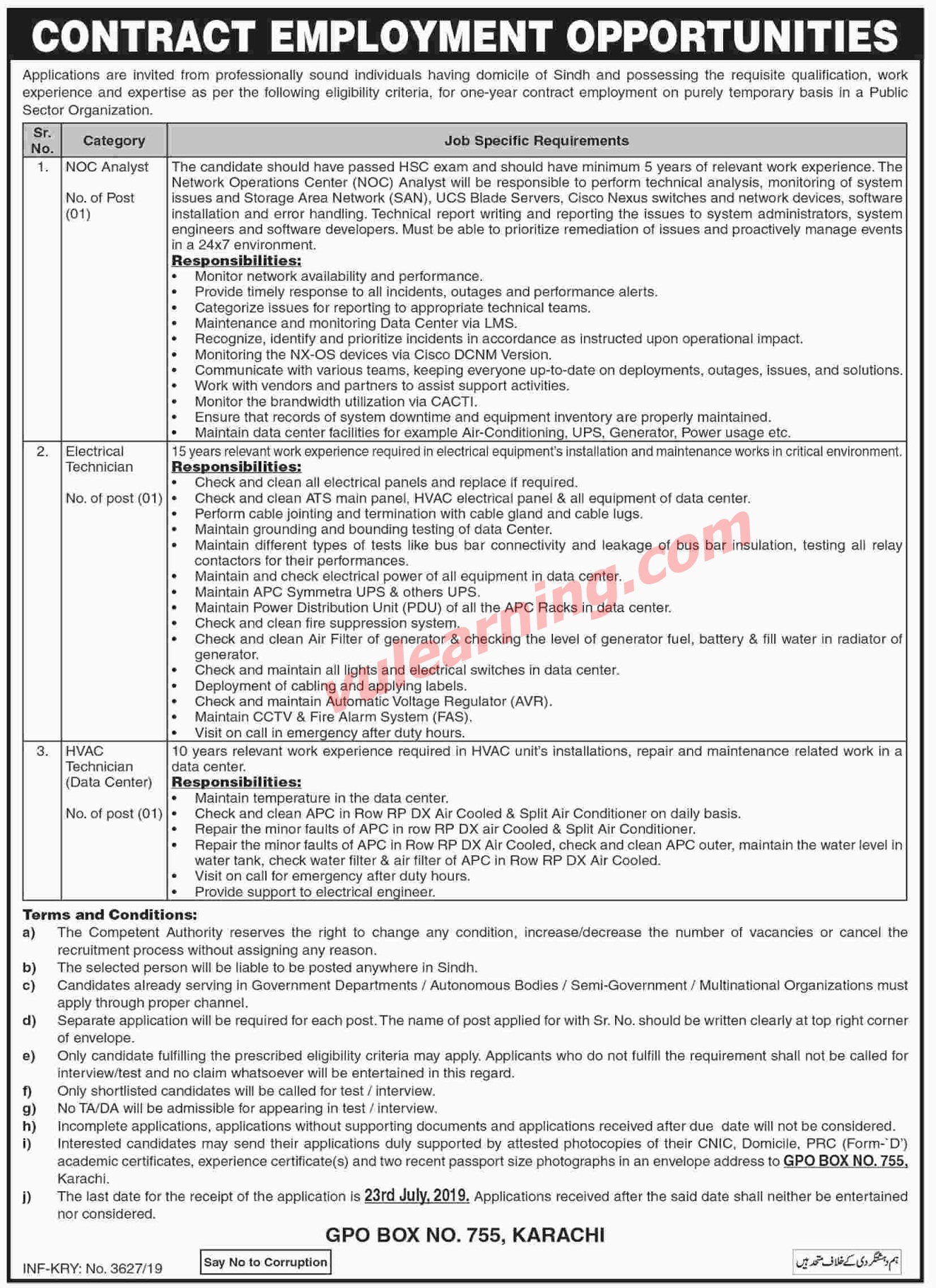 Advertisement of Public Sector Organization PO Box 755 Karachi Jobs