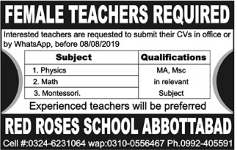 Red Roses School Abbottabad Jobs 2019 for Female Teachers Latest