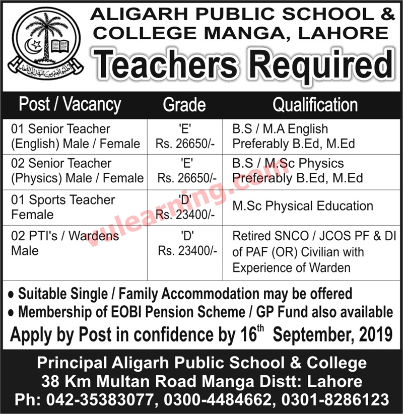Aligarh Public School & College Lahore Jobs 2019 for Teachers & PTI