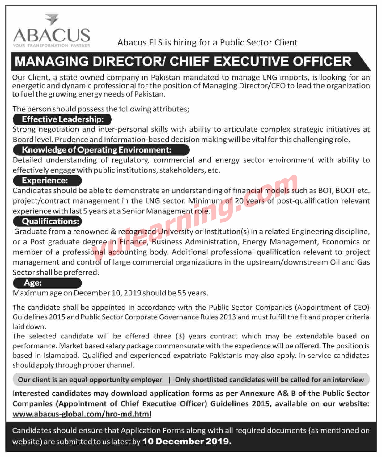 Abacus Jobs 2019 for Managing Director (MD) / Chief Executive Officer