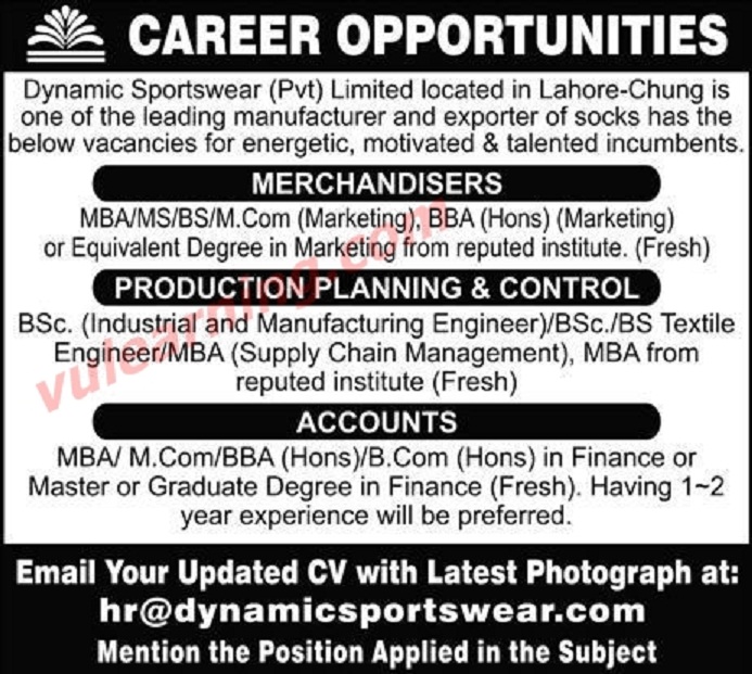 Dynamic Sportswear Pvt Ltd Lahore Jobs 2019 for Merchandisers