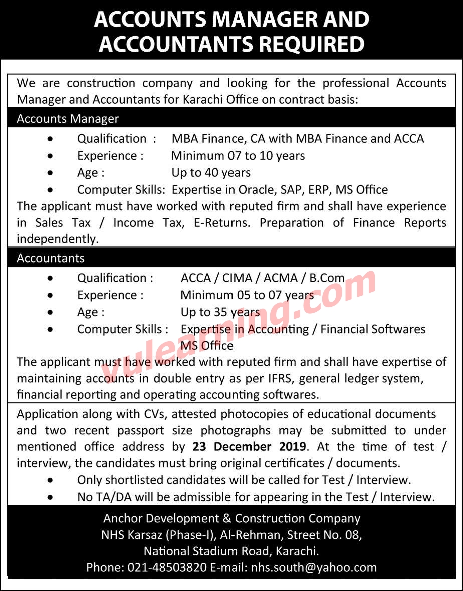 Anchor Development & Construction Company Jobs 2019 for Accounts