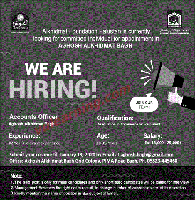 Advertisement of ALKHIDMAT Foundation Pakistan Jobs 2020 for Accounts