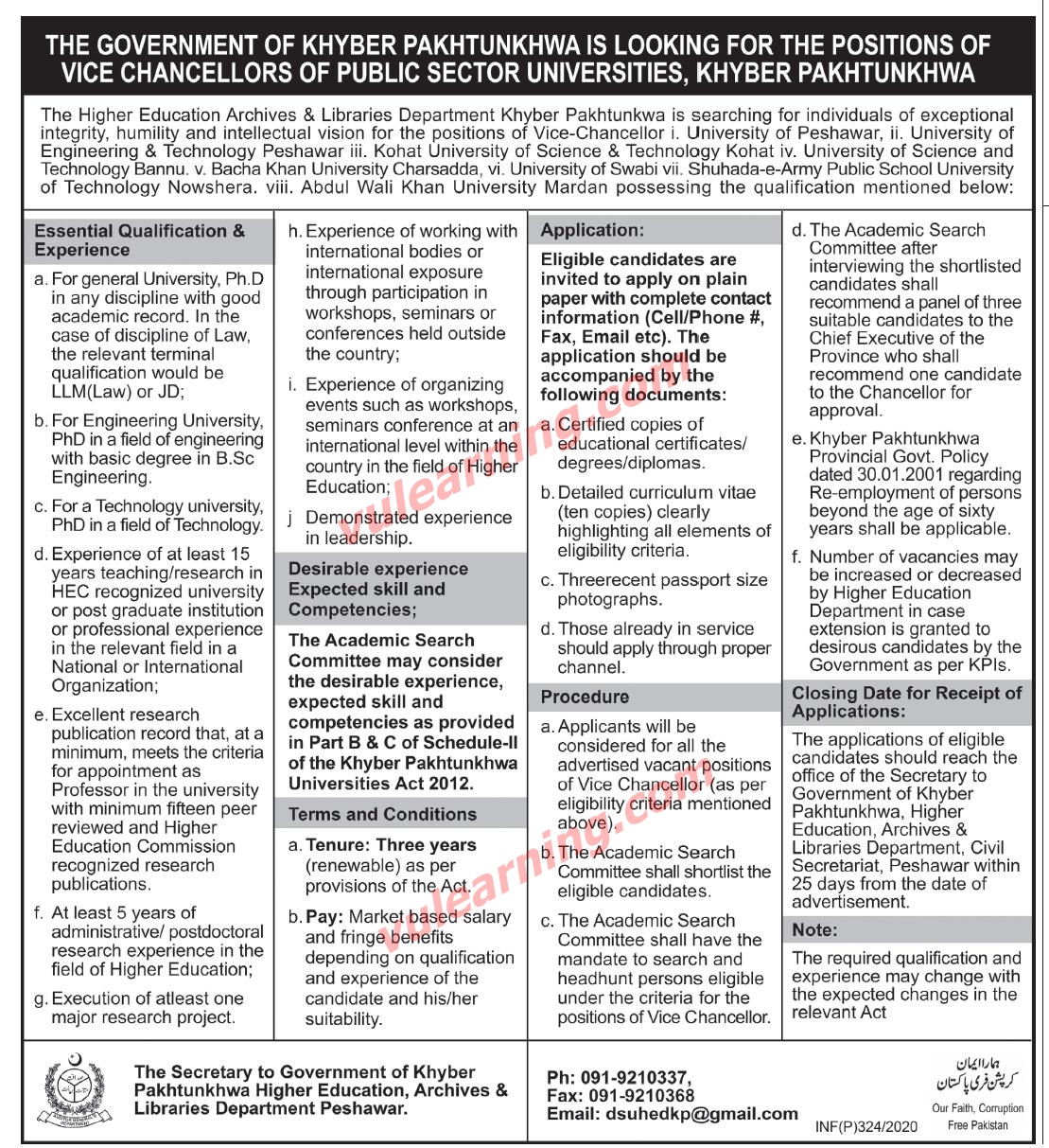 Higher Education Archives, Libraries Department KPK Jobs 2020 for Vice