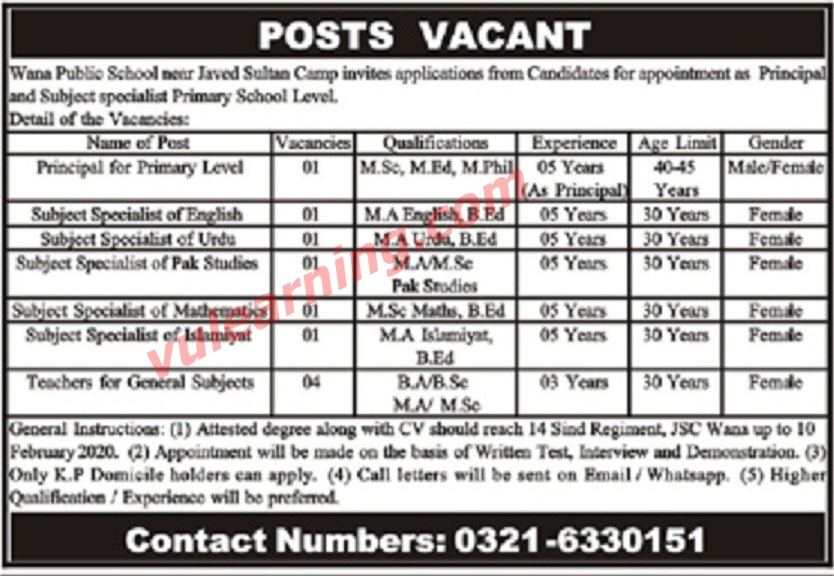 WANA Public School Jobs 2020 for Principal, Teachers & Subject