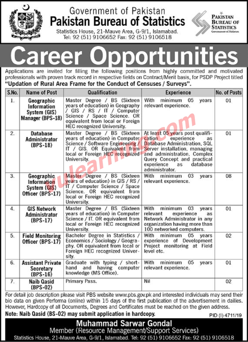 Advertisement of Pakistan Bureau of Statistics Jobs 2020 for Field