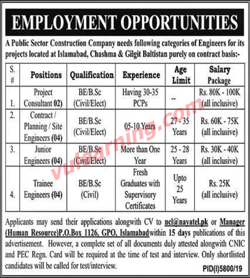 Advertisement of Public Sector Construction Company Jobs 2020 for