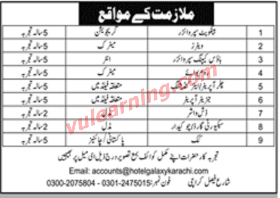 Hotel Galaxy Karachi Jobs 2020 for Supervisors, Waiters, Operators
