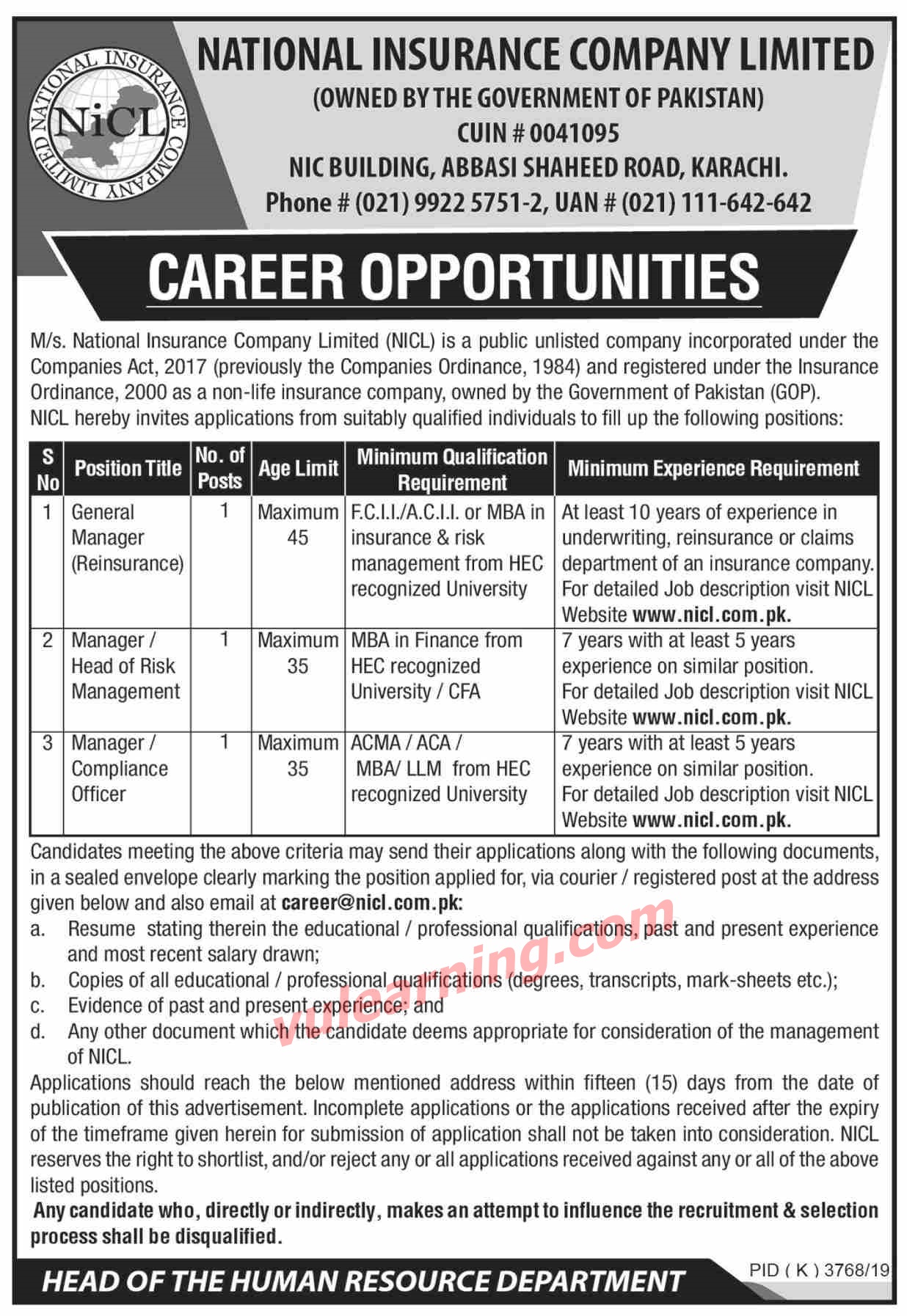 Advertisement of National Insurance Company Limited (NICL) Karachi Jobs