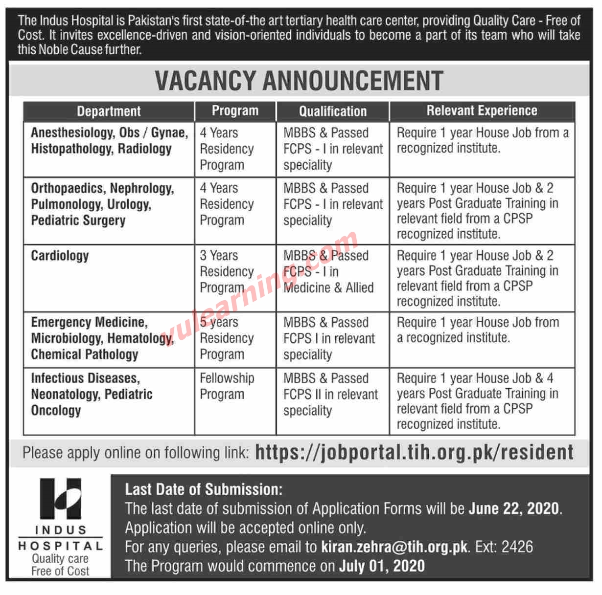 The Indus Hospital Karachi Residency / Fellowship Program 2020 Apply